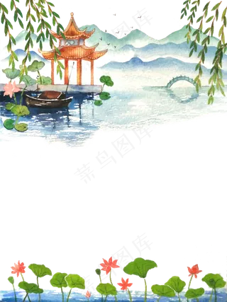 中国水彩古风夏日山水亭,免抠元素