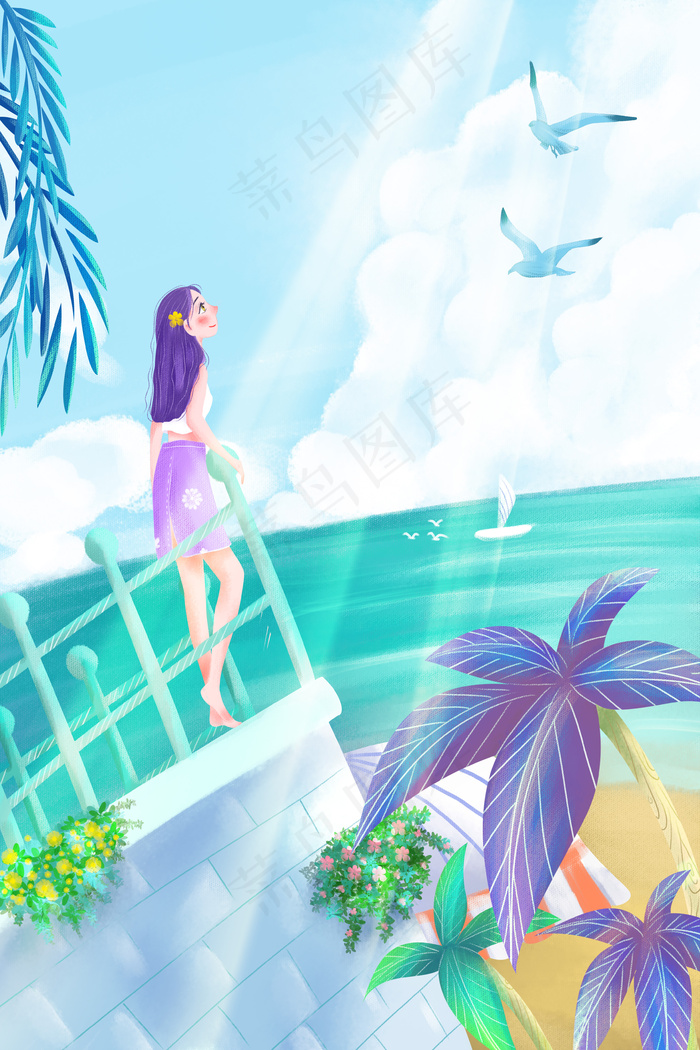 五月你好面朝大海的小女孩手绘插画