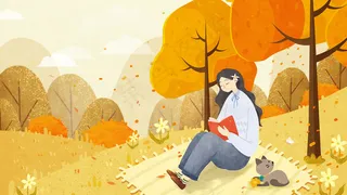 手绘秋天看书的女孩