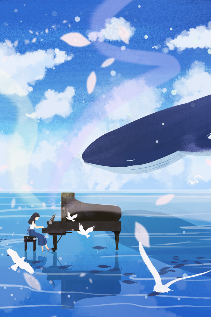 夏日天空女孩弹钢琴梦幻治愈系(3545*5315px 300 dpi )