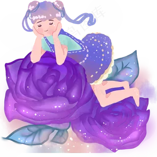 梦幻风中国风水彩女孩儿和蓝色妖