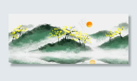 中国风水墨风格古风古典山水矢量