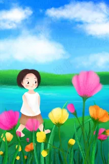 手绘夏天小孩在湖边游玩