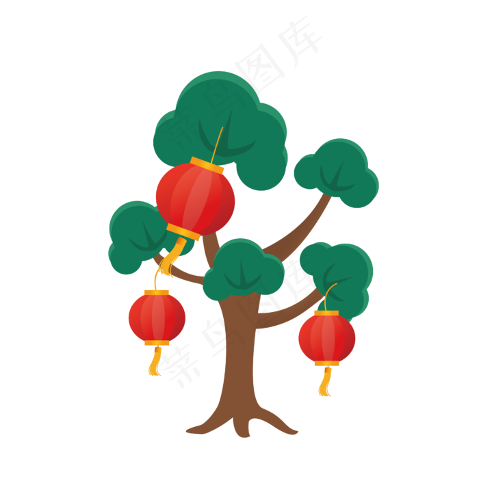 矢量手绘卡通树木灯笼,免抠元素