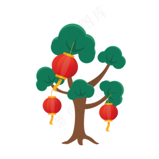 矢量手绘卡通树木灯笼,免抠元素