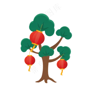 矢量手绘卡通树木灯笼,免抠元素