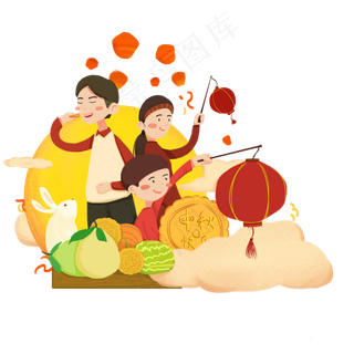中秋打灯笼赏月合家欢PNG图,免抠元素
