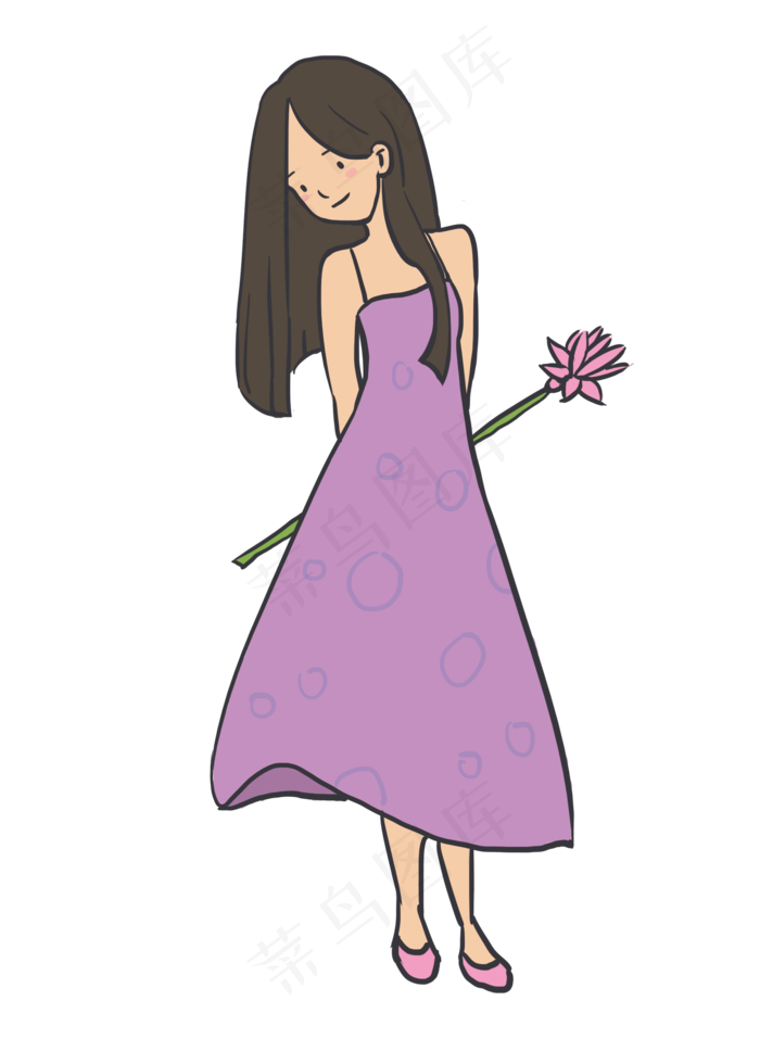 穿紫色裙子拿花束的少女