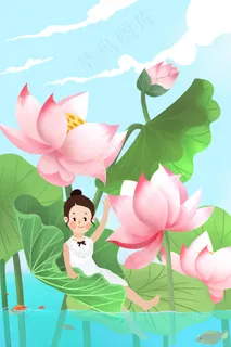 五月你好唯美荷花女孩