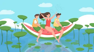 夏天荷塘西瓜创意游泳玩耍度假夏日横幅配图