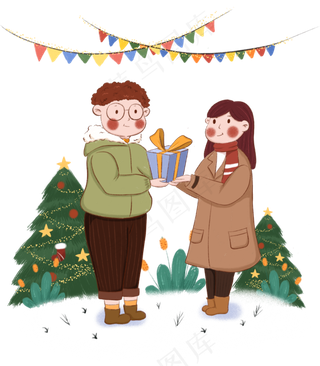 手绘小清新圣诞节收礼物的人物下,免抠元素