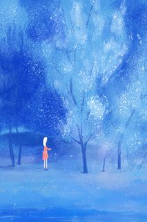 蓝色树下仰望的少女