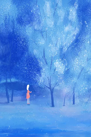 蓝色树下仰望的少女