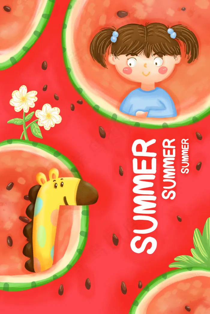 夏季夏天食物西瓜长颈鹿女孩(3545*5315px 300 dpi )psd模版下载