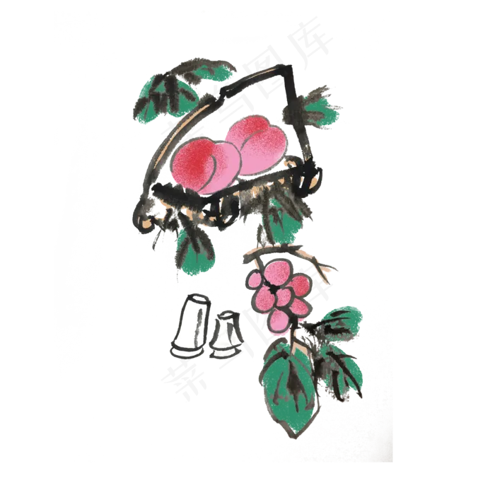新鲜水果桃子手绘水墨风(4000X4000(DPI:300))psd模版下载