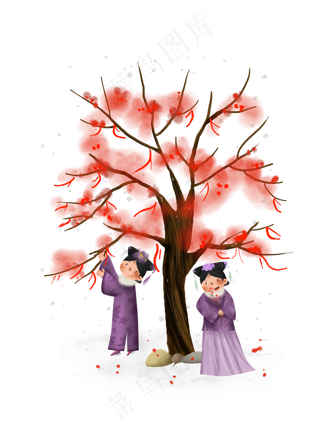 中国风冬天梅花树下祈福的宫女,免抠元素