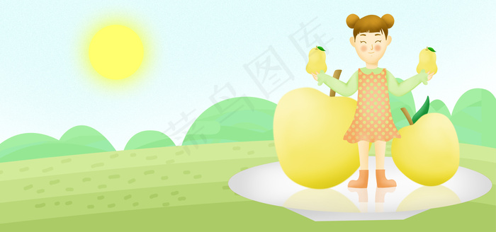 惊蛰节气卡通清新梨子女孩banner(1920*900px 	       )psd模版下载