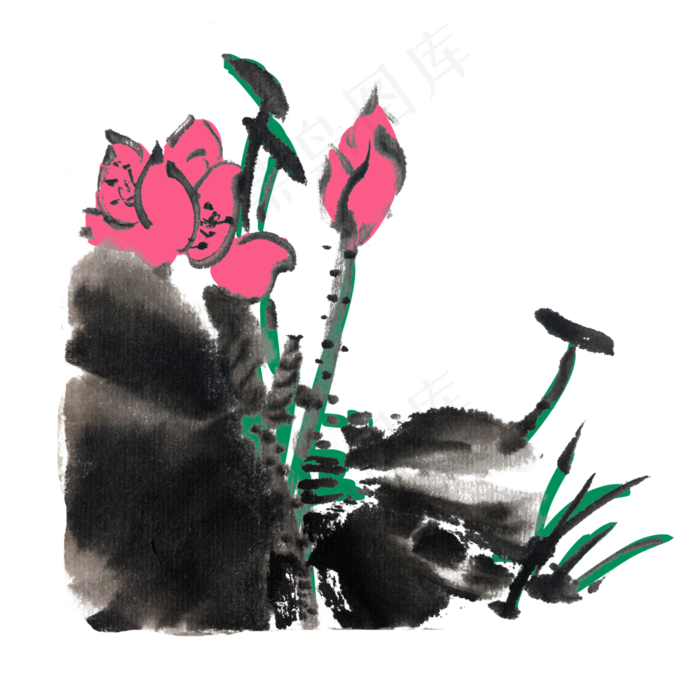 夏季水墨荷花手绘素材