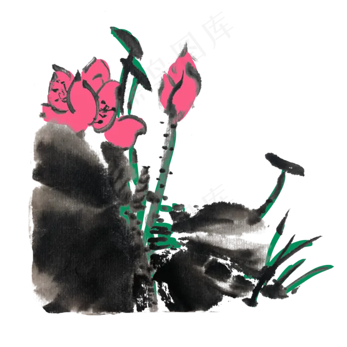 夏季水墨荷花手绘素材(4000X4000(DPI:300))psd模版下载