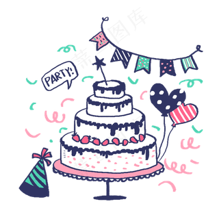 手绘粉色系生日蛋糕和气球PNG免抠