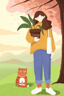 春天你好女孩和猫樱花树下