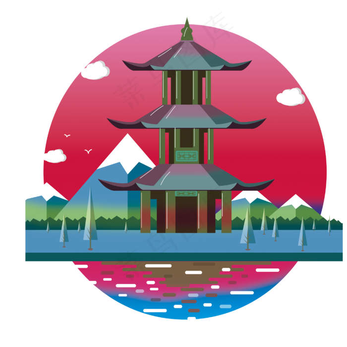 建筑风景中国风塔山水PNG装饰(3500X3500(DPI:300))psd模版下载