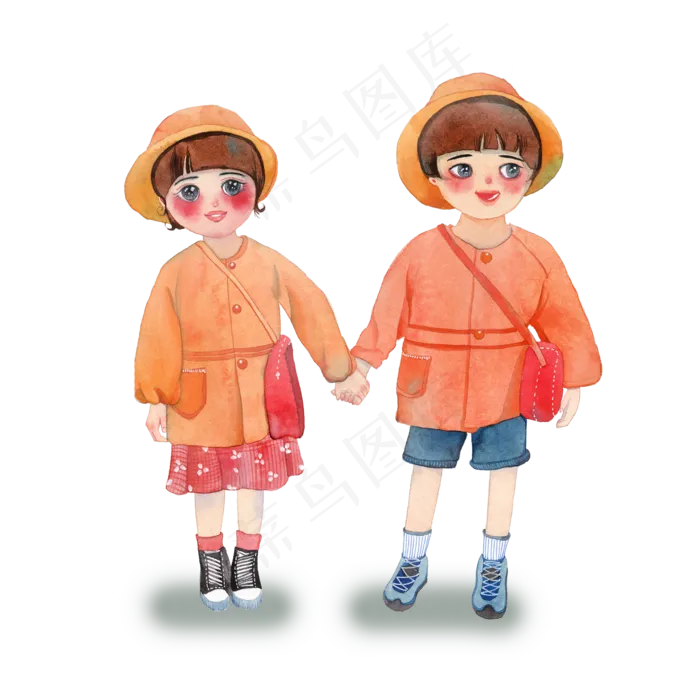 开学啦手绘水彩好朋友去上学(2000X2000(DPI:300))psd模版下载