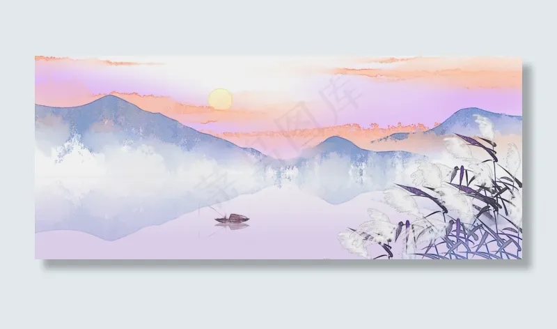 漓江夜钓古风水墨山水画PNG素材,免抠元素(1920*800px 300 dpi )psd模版下载