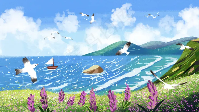 夏天海景远景近景紫色小花(2880*1620px 300 dpi )psd模版下载