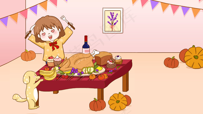 感恩节火鸡大餐橘色卡通插画