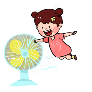 夏天吹风扇的女孩手绘