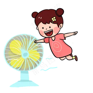 夏天吹风扇的女孩手绘