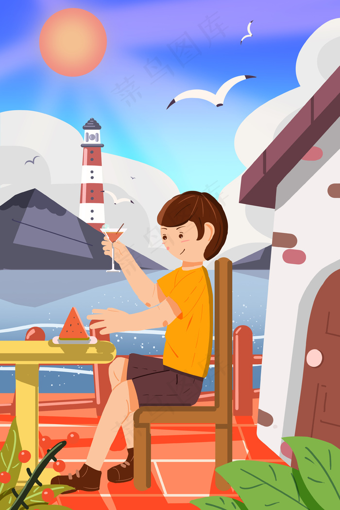 立夏夏季夏日夏天蓝天白云卡通插画