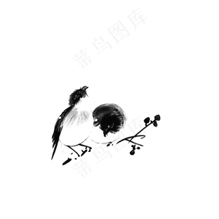 枝头喜鹊水墨鸟类png,免抠元素