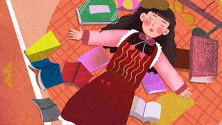 卡通手绘风读书日女孩和书配图