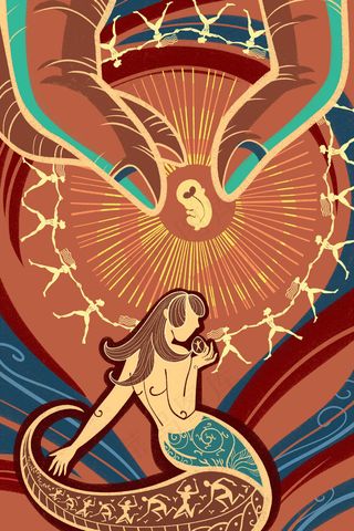 褐色系卡通手绘风神话系列女娲造人配图