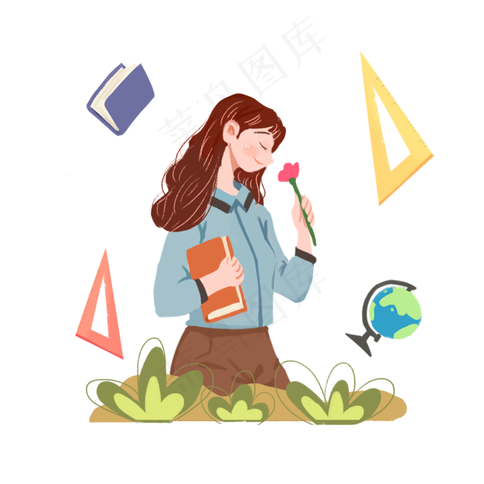 教师节女教师闻花png素材