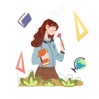 教师节女教师闻花png素材