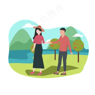 手绘风清明节学生情侣踏青出游元