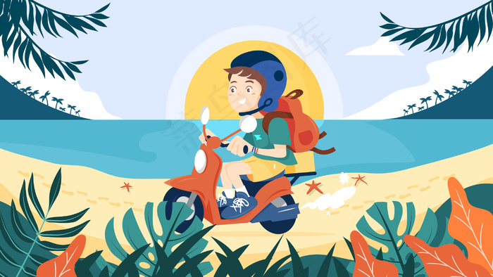 夏日出游五一劳动节旅游骑电动风景横幅配图