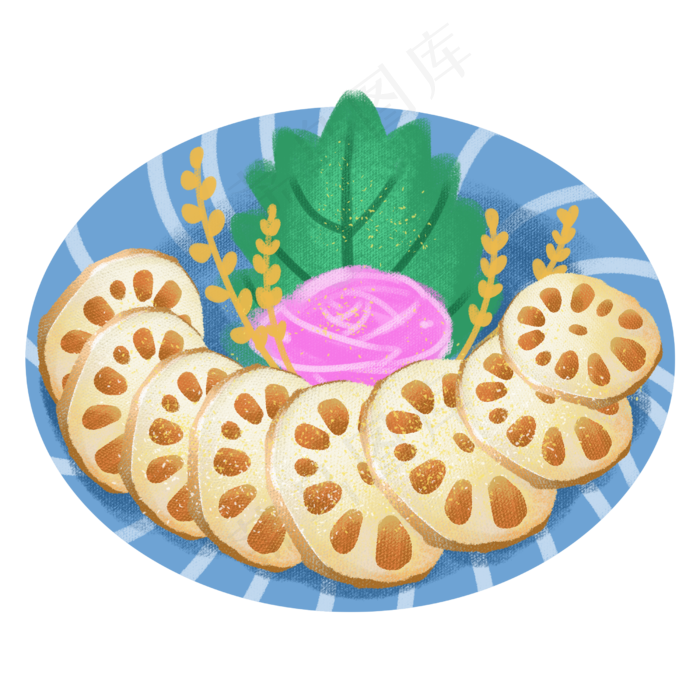 卡通手绘美食熟食荷花果实之蓝盘