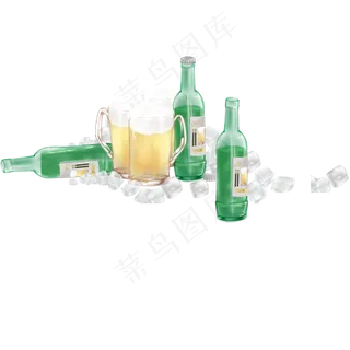 手绘卡通绿色酒瓶啤酒元素,免抠元素