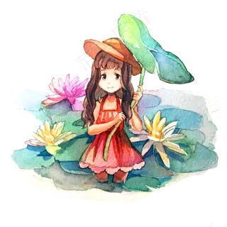 少女池塘荷叶遮阳手绘