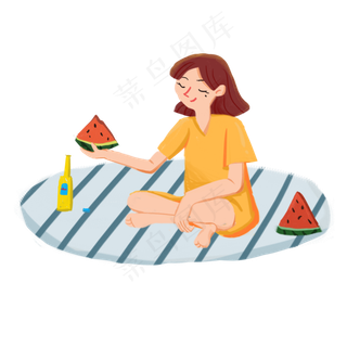 坐在地毯上吃西瓜的人