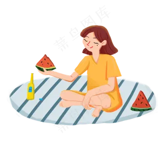 坐在地毯上吃西瓜的人