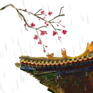 故宫屋檐水彩雨季素材
