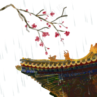 故宫屋檐水彩雨季素材