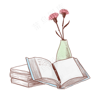 世界读书日一摞书本和花朵PNG免抠