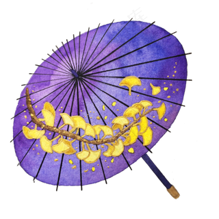 油纸伞紫色金黄银杏叶中国古典PNG,免抠元素