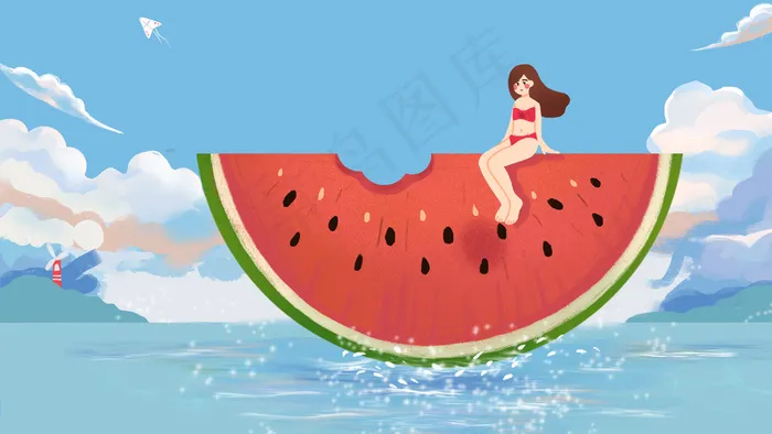 夏天海滩西瓜泳衣女孩小清新手绘风格(2880*1620px 300 dpi )psd模版下载